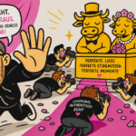 Satirische Cartoon-Illustration zu Hochzeitsfotografie ohne Heititei: genervter Fotograf verlässt eine absurde Szene aus kriechenden Fotografen, goldenem Hochzeitspaar-Kalb und Hochzeitsgesülze